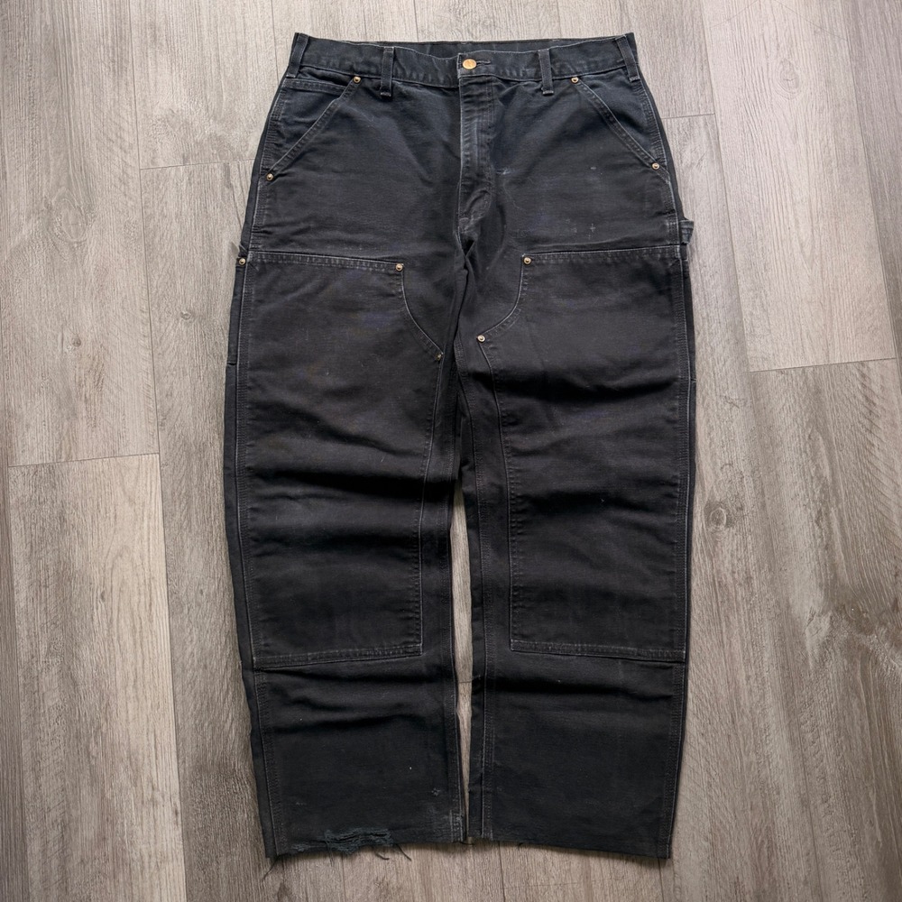VTG Carhartt B01 BLK 36x32 USA Double Knee cargo Pants Black Rehemmed Workwear